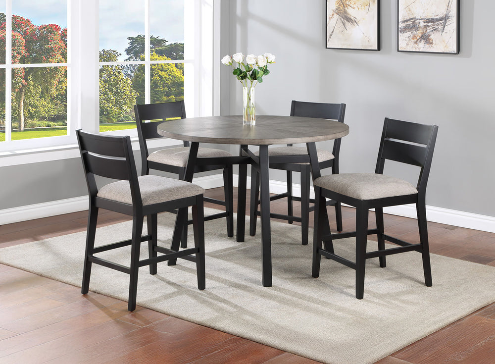 Create a warm and inviting dining space with this stylish and modern counter height dining group, designed for both comfort and functionality. The round table features a beautifully crafted woodgrain top with a sawtooth detail, offering a timeless look th