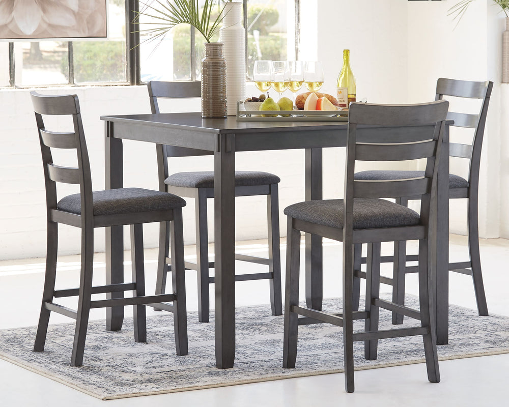 Itâ€™s so easy being grayâ€”at least this 5-piece dining set makes it seem that way. This transitional counter-height table and barstool ensemble sports a charcoal gray finish with textured gray upholstery for an on-trend and relevant appeal. Plushly upho