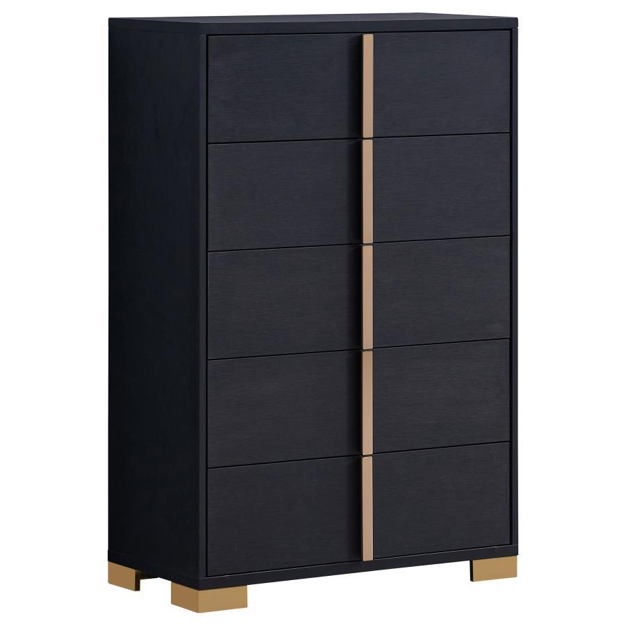 Minimalism never looked so elegant as it does in this elegant five-drawer chest, an excellent option for your updated bedroom ensemble. Modern design details produce a chic vertical chest with an Art Deco vibe and tons of storage space. Made of wood produ