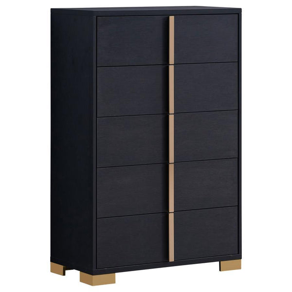 Minimalism never looked so elegant as it does in this elegant five-drawer chest, an excellent option for your updated bedroom ensemble. Modern design details produce a chic vertical chest with an Art Deco vibe and tons of storage space. Made of wood produ