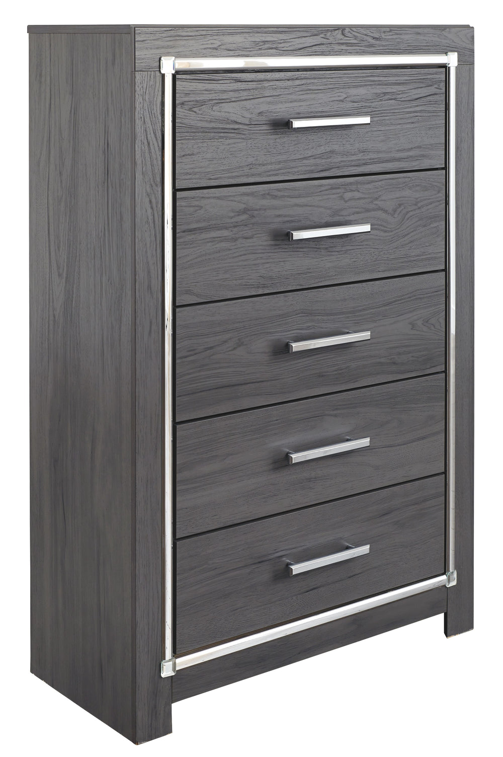 Reminiscent of Hollywood glamour of yesteryear, this chest of drawers interprets luxury in a decidedly modern way. A dazzling gray finish and faceted chrome-tone accents enhance the star power. Five smooth-gliding drawers provide enough storage to appease