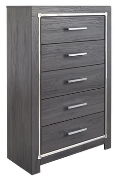 Reminiscent of Hollywood glamour of yesteryear, this chest of drawers interprets luxury in a decidedly modern way. A dazzling gray finish and faceted chrome-tone accents enhance the star power. Five smooth-gliding drawers provide enough storage to appease