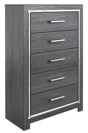 Reminiscent of Hollywood glamour of yesteryear, this chest of drawers interprets luxury in a decidedly modern way. A dazzling gray finish and faceted chrome-tone accents enhance the star power. Five smooth-gliding drawers provide enough storage to appease