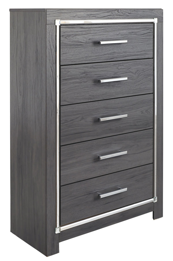Reminiscent of Hollywood glamour of yesteryear, this chest of drawers interprets luxury in a decidedly modern way. A dazzling gray finish and faceted chrome-tone accents enhance the star power. Five smooth-gliding drawers provide enough storage to appease