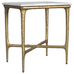 Elevate your living space with the refined elegance of this rectangular side table, where modern luxury meets sculptural design. A genuine white marble top rests on a striking, hand-hammered steel frame finished in a luxurious gold. The organic texture of