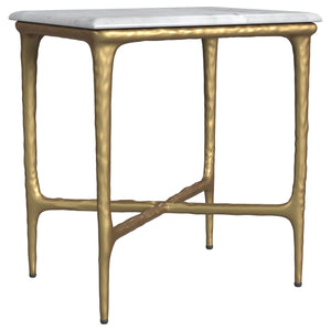 Elevate your living space with the refined elegance of this rectangular side table, where modern luxury meets sculptural design. A genuine white marble top rests on a striking, hand-hammered steel frame finished in a luxurious gold. The organic texture of