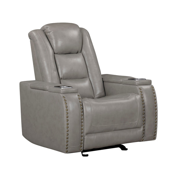 The Breckenridge Genuine Leather Power Glider Recliner with Adjustable Headrest in Gray offers a perfect blend of comfort, style, and practicality for any living space. This recliner is crafted with a combination of hardwood and manufactured woods, ensuri