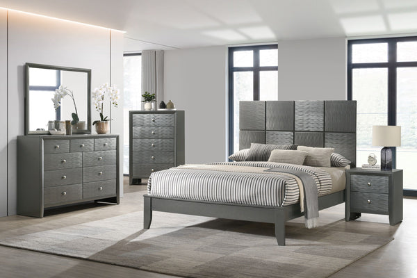  characterized by its rich gunmetal finish and distinctive textured front panels. The centerpiece