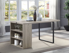 Smartly designed the Patwin dining table is perfect for rooms where space is limited, ideal for the kitchen or breakfast nook. The table features two built-in shelving for displaying decorative pieces or storing and organizing spices, utensils, or cookboo