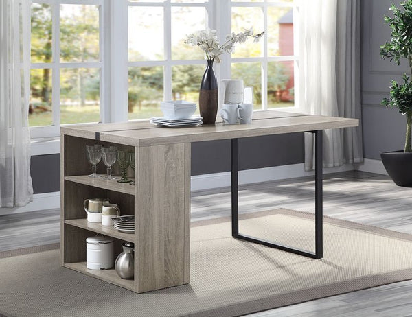 Smartly designed the Patwin dining table is perfect for rooms where space is limited, ideal for the kitchen or breakfast nook. The table features two built-in shelving for displaying decorative pieces or storing and organizing spices, utensils, or cookboo