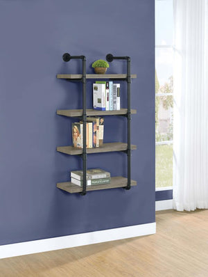  as shown by this wall shelf. Plumbing pipe frame highlights the rugged utility that-'s the hallmark of the style. Wall hanging adds a unique element to the piece. Incorporates four (4) open shelves for ease of storage or 