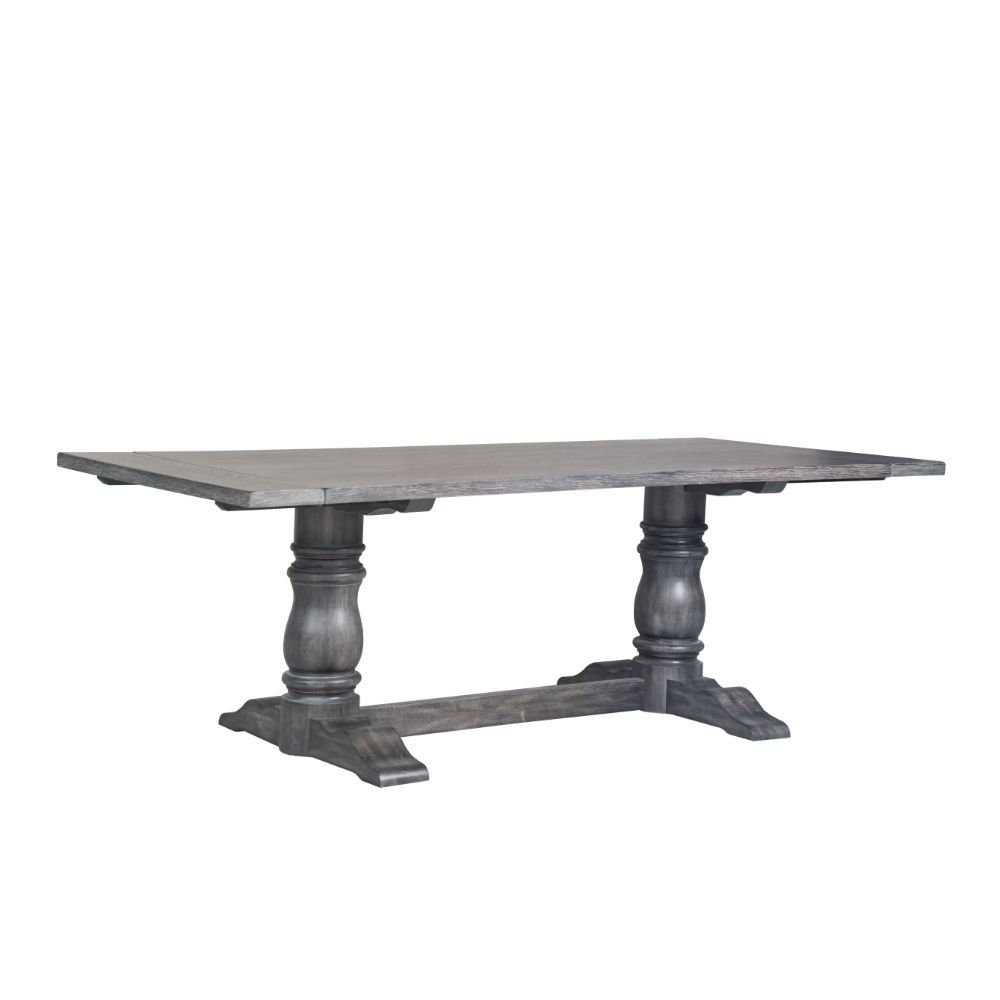 This delightful Leventis collection offers rustic elegance that will enhance your dining room experience. The carefully crafted rectangular table features a trestle base with turned pedestals all in a weathered gray finish. Complemented by classic dining 