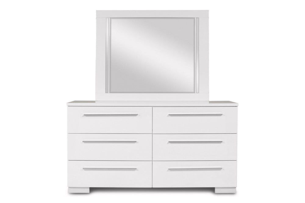 Upgrade your bedroom with the Sapphire Modern 6-Drawer Dresser in high gloss white. Expertly constructed from high-quality manufactured wood, this dresser features a flawlessly smooth, ripple-free surface and a glossy white laminate finish that offers a s