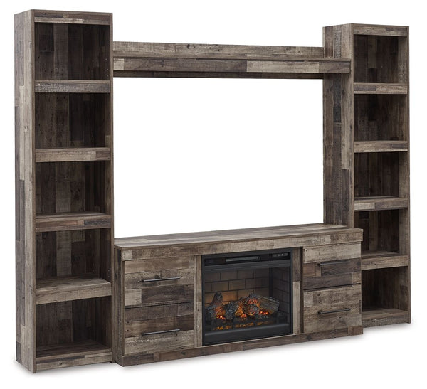 Make this entertainment center with LED electric fireplace the center of attention with its popular urban eclectic style. Its rustic finish over a replicated pine grain creates an authentic natural look for your home entertainment area. You-'ll love its f