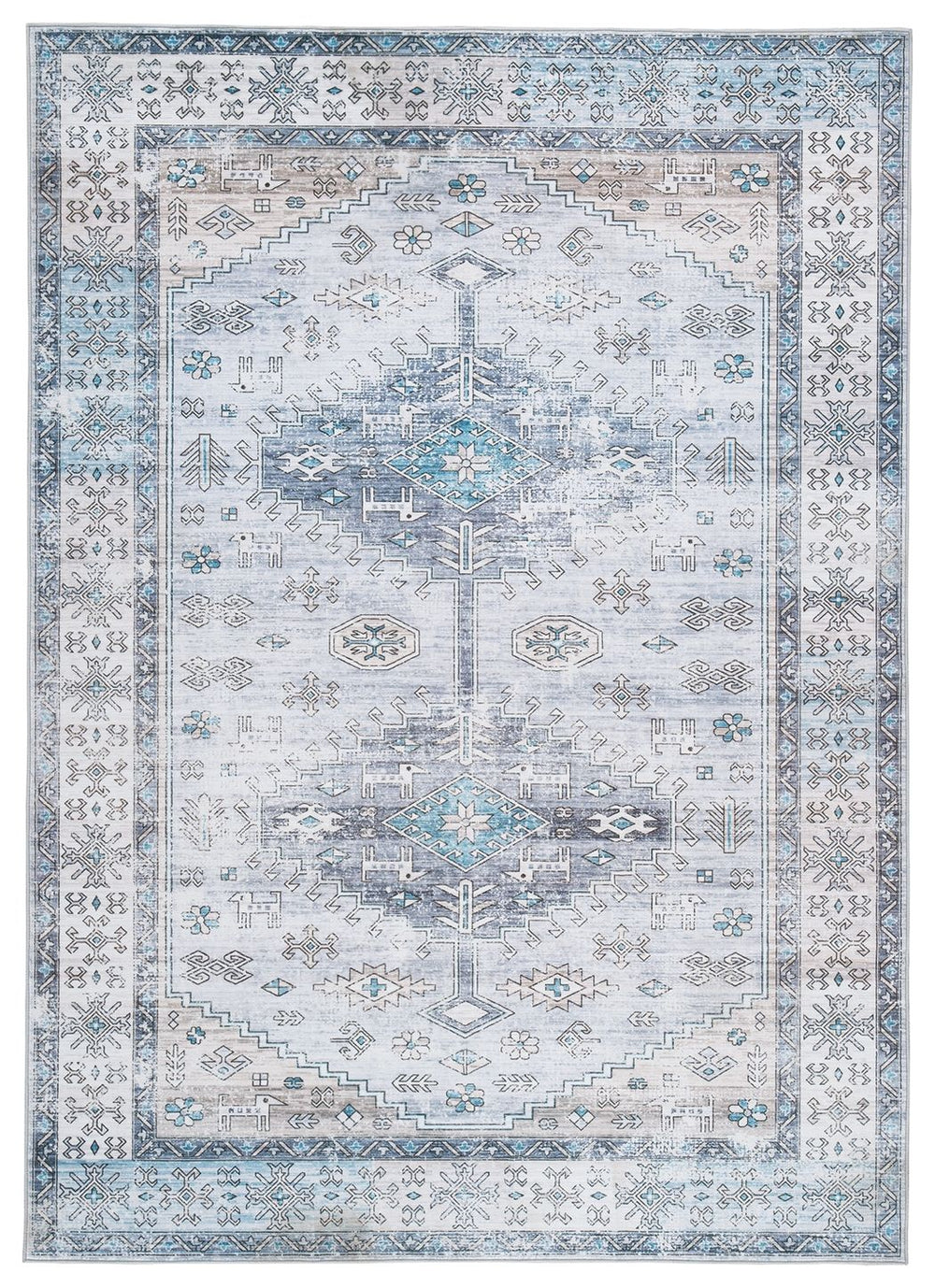 Beautifully marrying elements of modern and exotic stylings, this rug adds an air of relaxed refinement to your decor. A distressed pattern in cream with shades of blue and beige keeps things casually cool underfoot. And when your rug needs a little R&R, 