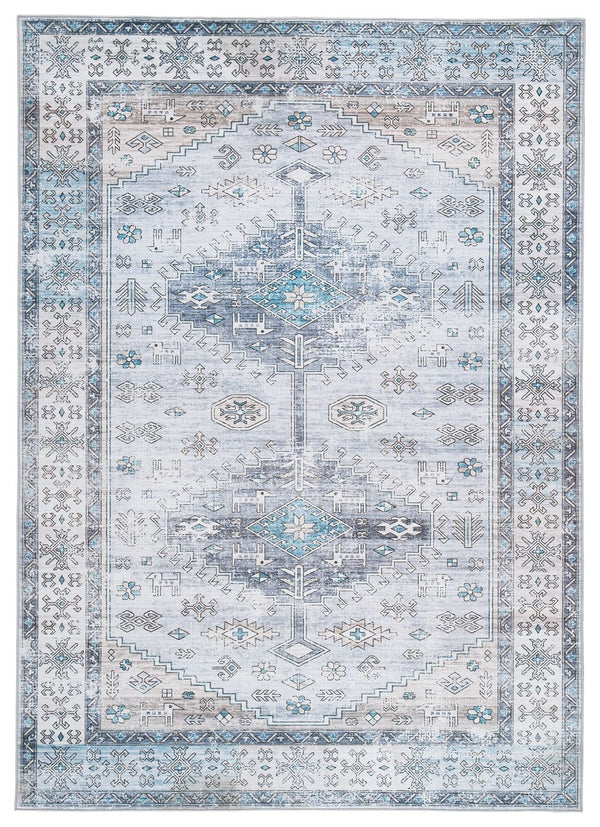 Beautifully marrying elements of modern and exotic stylings, this rug adds an air of relaxed refinement to your decor. A distressed pattern in cream with shades of blue and beige keeps things casually cool underfoot. And when your rug needs a little R&R, 