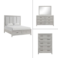 The Fiona 4 Piece Bedroom Set features a storage bed with a plush upholstered headboard, designed for ultimate comfort and convenience. The bed is complemented by a 6-drawer dresser and a 5-drawer chest, all exhibiting a harmonious blend of Acacia solids,
