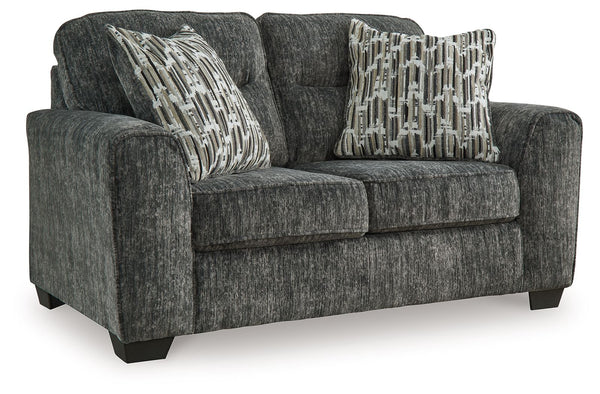 This loveseat speaks to those drawn to fresh, contemporary style with richly neutral appeal. Subtle and sophisticated, the plush upholstery and dark tri-block legs are a natural complement for so many color schemes. Two accent pillows make the seating eve