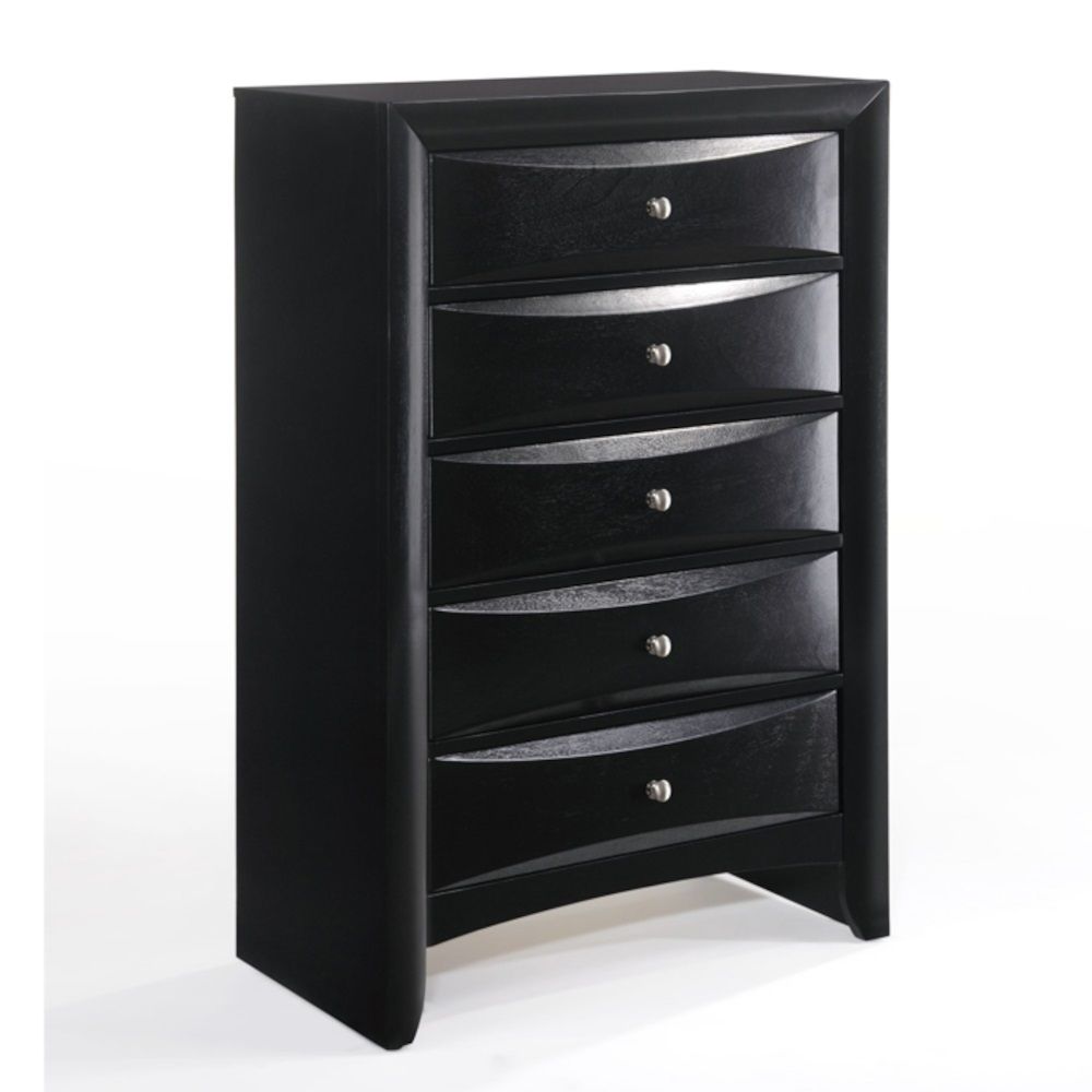 The Ireland chest in black finish with 5 spacious drawers will meet all of your bedroom storage needs, with space for clothing and linen. All drawers have English dovetail with center metal glides. Drawer fronts are beveled. Complemented by slightly flare