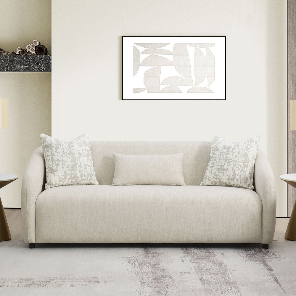 This Etienne collection sofa, available in beige and gray linen, combines modern elegance with comfort. Features include KD legs, tight back and seat cushions, full foam seat construction, and a sturdy wooden inner frame. Accent pillows are included to en