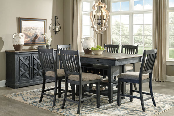 Unique two-tone finish with a combination of Oak and Acacia substrates combining a trendy textured antique black color with table and server tops finished in a textural weathered oak finish. Rectangular dining table features six convenient drawers for sto