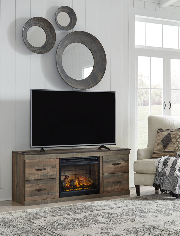 Entertain a rugged yet refined sense of style with this TV stand with LED fireplace insert. Its rustic finish and plank-style details pay homage to reclaimed barn wood, while faux metal banding with nailhead accents infuses a touch of industrial cool. Ult