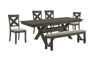 The Gulliver 6-Piece Wood Dining Set offers a perfect blend of durability and style for your dining space. This set includes a trestle dining table, four X-back dining chairs, and a matching dining bench, all crafted from solid rubberwood, manufactured wo