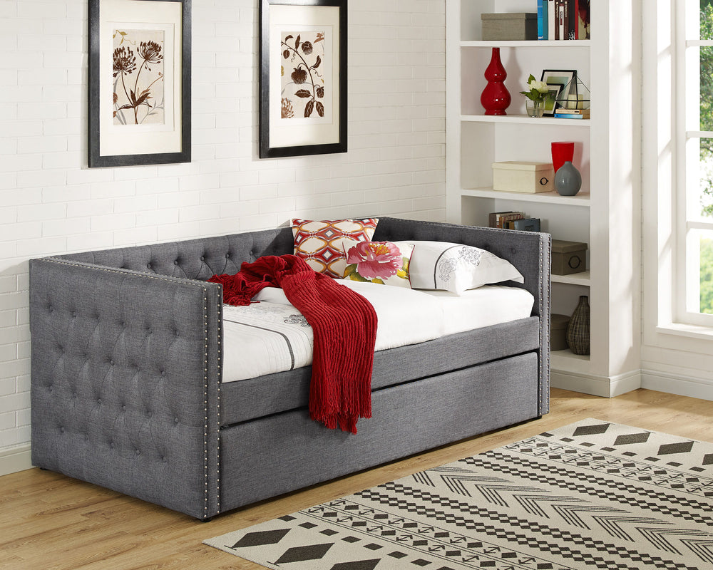 Trina-Daybed-Gray<h4><b>Trina - Daybed Arm Slats - Gray</b></h4> <table width="100%"><colgroup><col style="width: 30%"> <col style="width: 70%"> </colgroup> <tbody> <tr> <td>Dimensions</td> <td> 88.75"L x 43.50"D x 34.00"H</td> </tr> <tr> <td>Weight</td> 