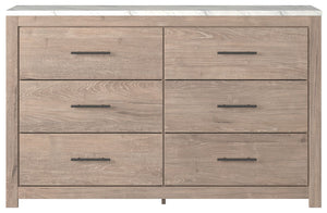  clean and casually modern. This dresserâ€™s light natural finish and faux Calcutta marble top set the tone for your calming sanctuary. Large linear pulls add dimension and authenticity. Six smooth-gliding drawers neatly accommodate your wardrobe nee