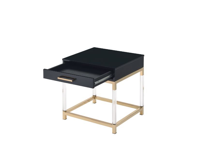 Match your seating ensemble with this Adiel End Table to lend a modern flair to your living room. The beautiful metal frame in gold finish adds a touch of glam to this contemporary piece, with clear acrylic legs that elegantly frame the design. The metal 