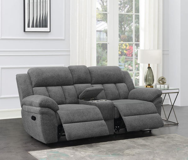  creating a stylish addition to your living room or den. Between the recliners is a center storage console wi
