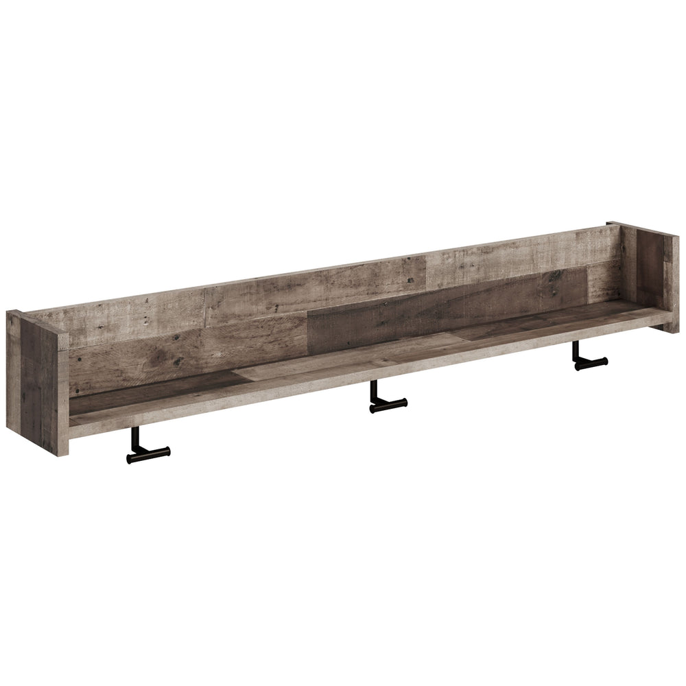 The sleek, minimalist look of this wall-mounted coat rack is fashionably contemporary and easy to integrate in a variety of living spaces. Three sturdy hooks and a spacious shelf are your new go-to spot for hats and scarves or displays. Whether by the fro