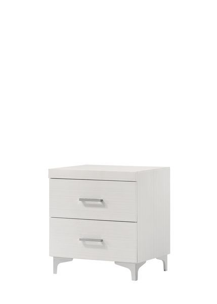 The Casilda bedroom collection will help you create the perfect retreat. In a white finish to easily style and works with various color schemes. Tying each piece together are the metal legs. The bed boasts a PU padded headboard with button tufting in a gr