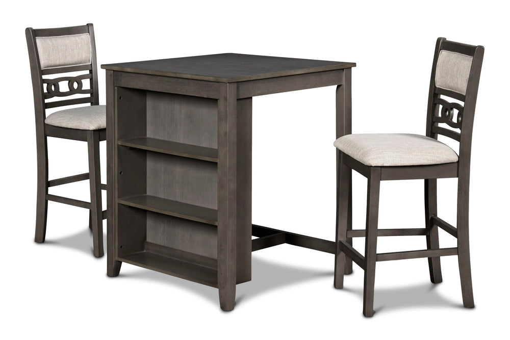 The small space friendly Gia Counter Storage Table and Chair Set has a built-in shelf unit that provides the ideal spot for dinnerware or kitchen essentials. The dining table and chair legs are crafted of solid Rubberwood to add strength and stability. Mi