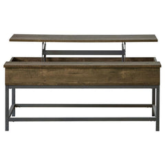 This rustic modern coffee table offers a brown oak finish and versatile functionality. Its lift-top design extends to 29 inches, revealing hidden storage space, while the spacious surface is ideal for work or relaxation. Built with engineered wood and met