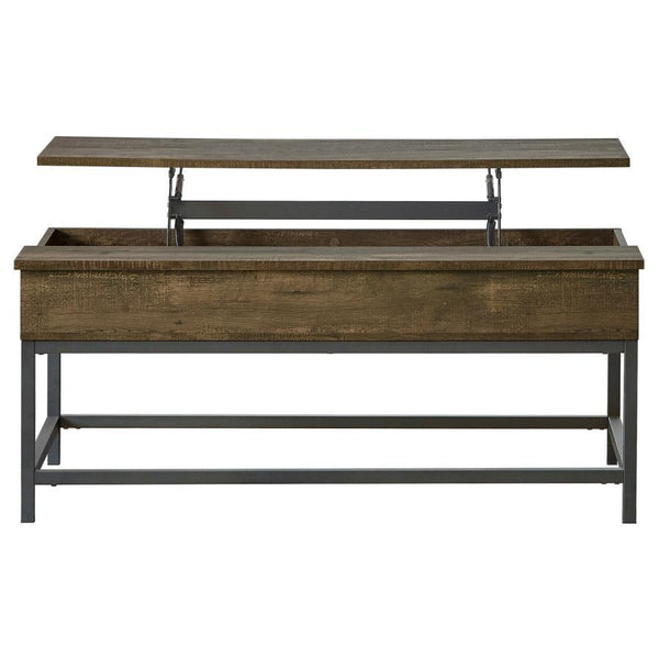 This rustic modern coffee table offers a brown oak finish and versatile functionality. Its lift-top design extends to 29 inches, revealing hidden storage space, while the spacious surface is ideal for work or relaxation. Built with engineered wood and met