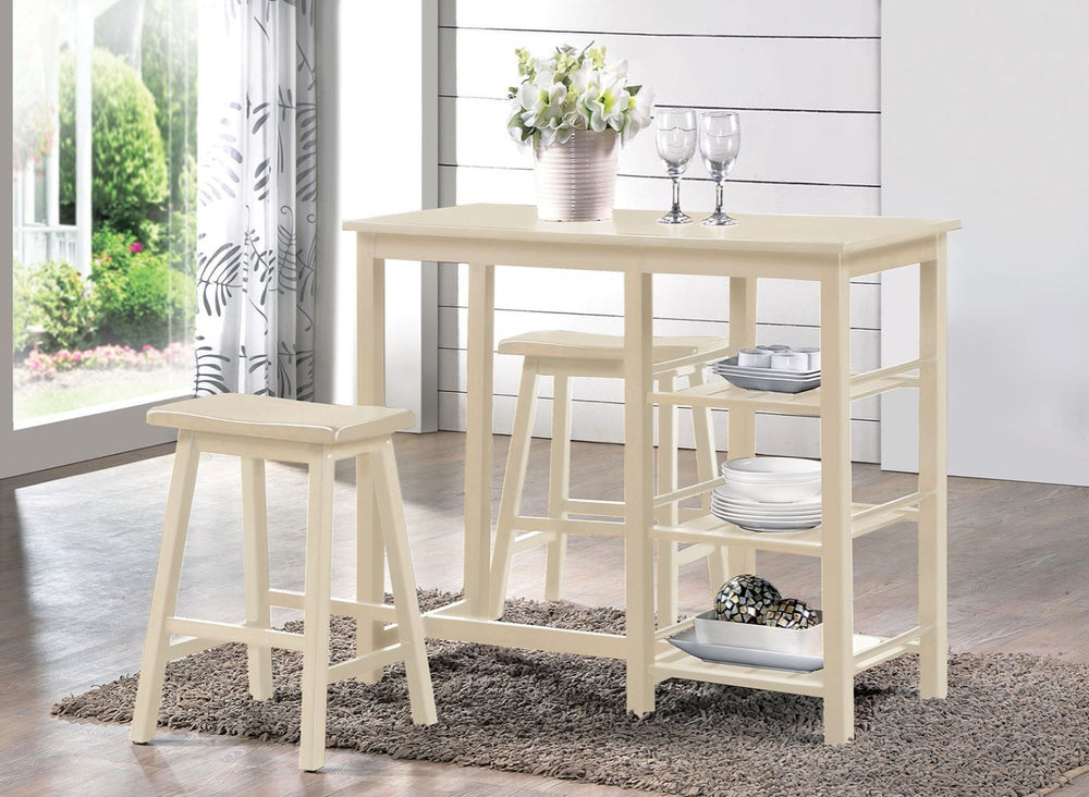 The Nyssa 3 Piece pack breakfast set offers simple lines with a versatility perfect for any small dining space. This breakfast table features a smooth rectangular top, tapered legs, and ample storage shelves perfect for apartments or small kitchen areas. 