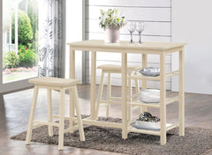 The Nyssa 3 Piece pack breakfast set offers simple lines with a versatility perfect for any small dining space. This breakfast table features a smooth rectangular top, tapered legs, and ample storage shelves perfect for apartments or small kitchen areas. 