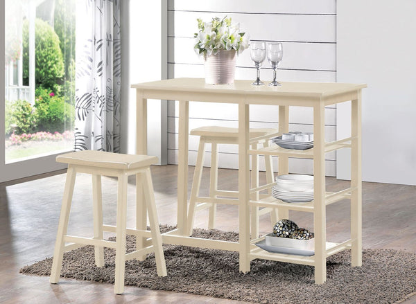 The Nyssa 3 Piece pack breakfast set offers simple lines with a versatility perfect for any small dining space. This breakfast table features a smooth rectangular top, tapered legs, and ample storage shelves perfect for apartments or small kitchen areas. 