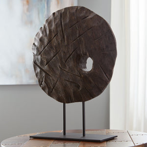  mantel or dining table with this sculpture. Wood in an antiqued brown finish is brimming with natural beauty and adds warmth to your space. A sleekly styled black metal base grounds the piece.<br/><br/><b>Product Features</