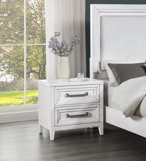  perfect for a soothing bedroom space. It features a distressed white finish over wood grain