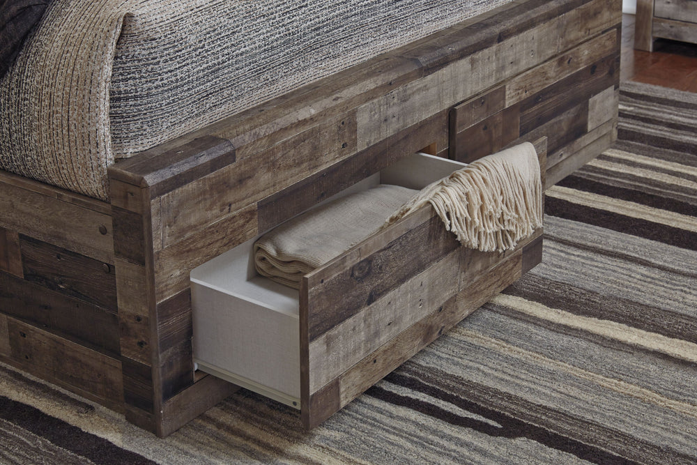 Modern yet hefty. This king panel bed with storage makes an urban eclectic statement. Seasoned raw wood look merges with the clean lined design we love today. Muted rustic finish over replicated pine grain maintains its authenticity for a beauteous look. 