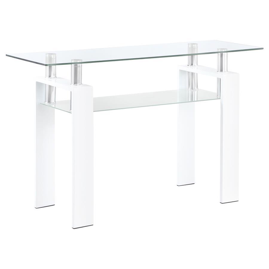 This rectangular sofa table features a clear tempered glass top and a frosted tempered glass shelf for additional storage or display. Supported by a durable metal frame, the console table boasts a modern and sleek design that fits seamlessly into contempo