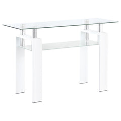 This rectangular sofa table features a clear tempered glass top and a frosted tempered glass shelf for additional storage or display. Supported by a durable metal frame, the console table boasts a modern and sleek design that fits seamlessly into contempo