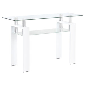 This rectangular sofa table features a clear tempered glass top and a frosted tempered glass shelf for additional storage or display. Supported by a durable metal frame, the console table boasts a modern and sleek design that fits seamlessly into contempo