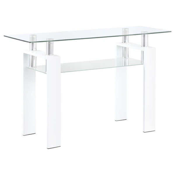 This rectangular sofa table features a clear tempered glass top and a frosted tempered glass shelf for additional storage or display. Supported by a durable metal frame, the console table boasts a modern and sleek design that fits seamlessly into contempo