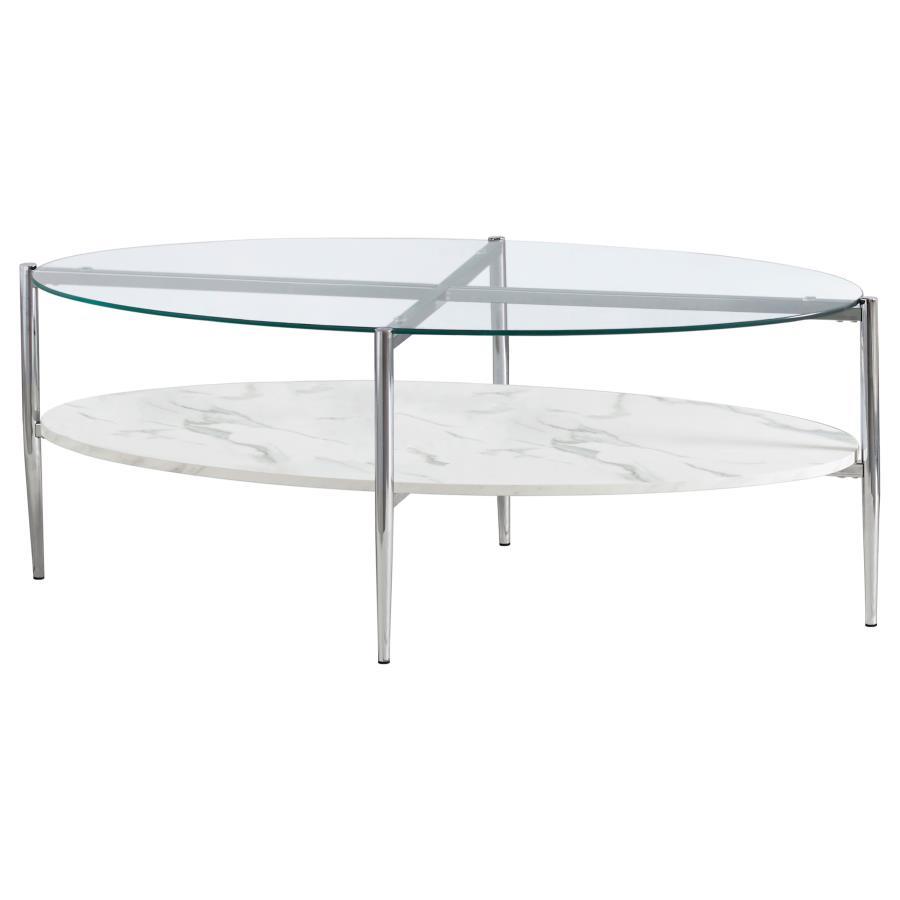 Elevate your living room with this sleek oval coffee table, doubling as a cocktail table centerpiece. The clear tempered glass top offers durability and a modern touch, while the white faux marble shelf provides functional storage with a luxurious look. A