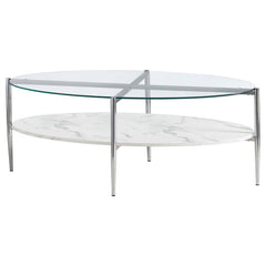 Elevate your living room with this sleek oval coffee table, doubling as a cocktail table centerpiece. The clear tempered glass top offers durability and a modern touch, while the white faux marble shelf provides functional storage with a luxurious look. A