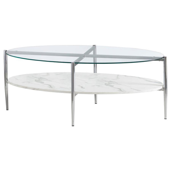 Elevate your living room with this sleek oval coffee table, doubling as a cocktail table centerpiece. The clear tempered glass top offers durability and a modern touch, while the white faux marble shelf provides functional storage with a luxurious look. A