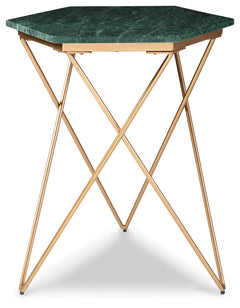 This accent table redefines classic glamour for the modern age. It draws from art deco influences with its geometric goldtone base, while the green marble top will be the envy of every guest. Thereâ€™s no place quite like home, and this table crafts a con